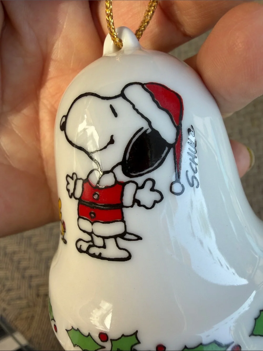 Vintage Peanuts Snoopy & Woodstock Ceramic Christmas Bell Ornament.1975-1976.